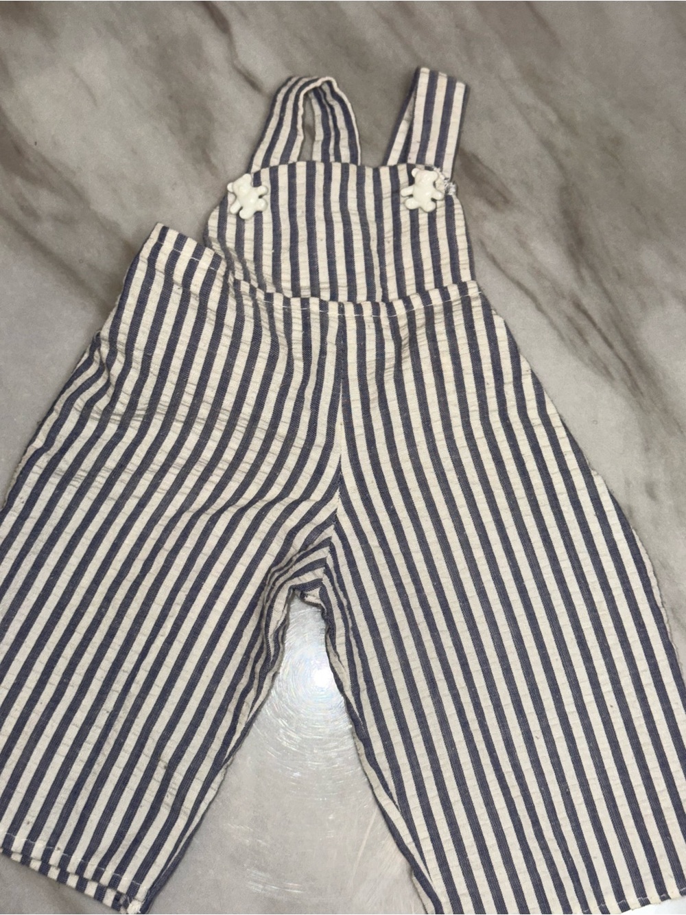 Grey striped overalls teddy bear buttons fits 14” dolls
